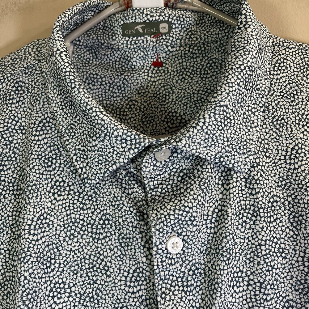 Genteal Polo Shirt Men 2XL Blue White Golf Geometric Mosiac Print Stretch